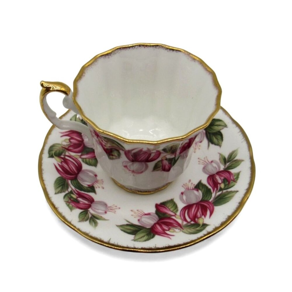 STAFFORDSHIRE Fuchsia July Flower Teacup & Saucer Set England Vintage